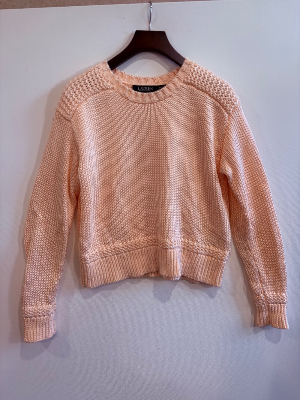 Lauren Ralph Lauren Peach Cotton Blend Textured Knit Sweater Petite Small PS